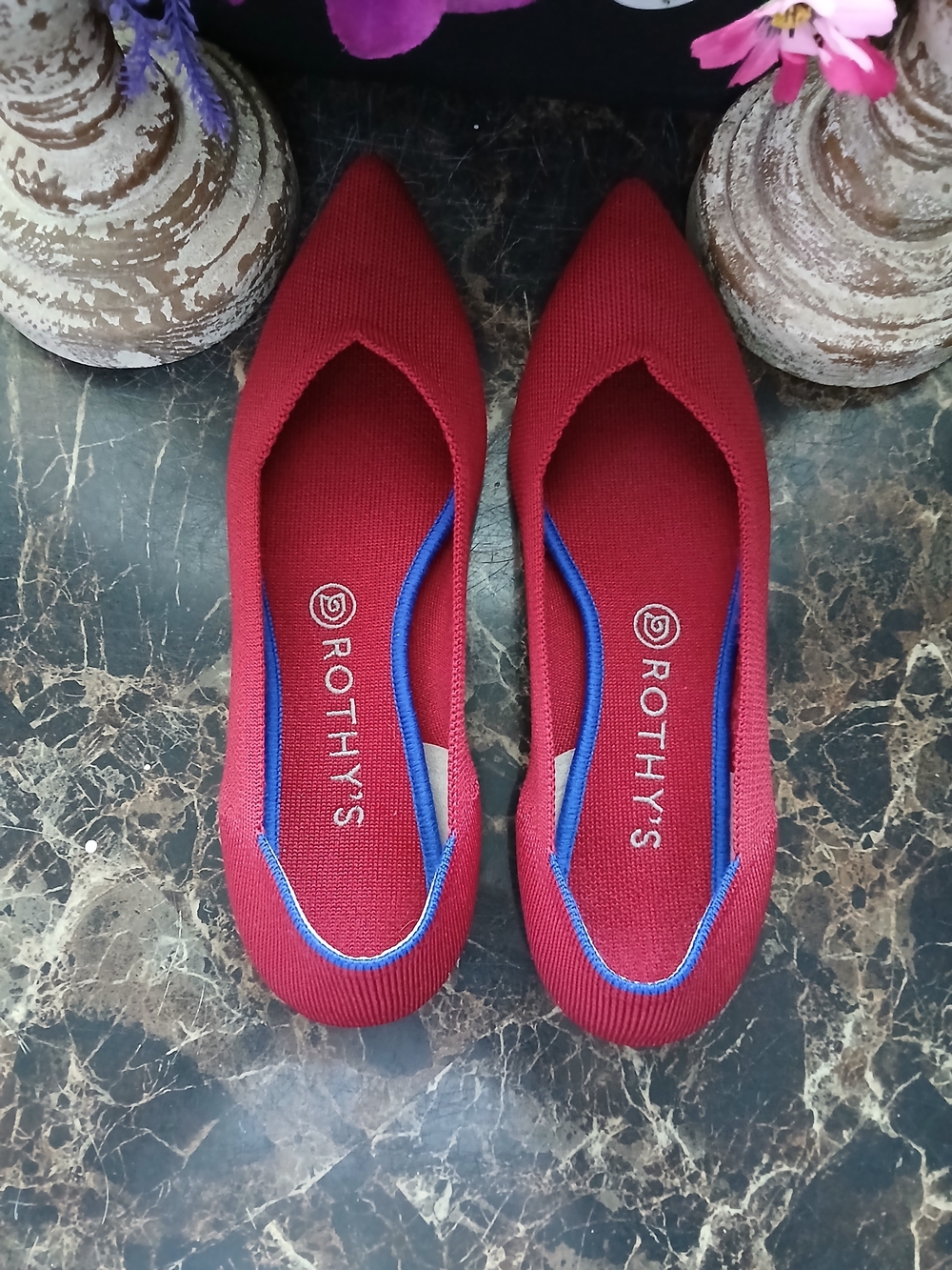 Rothy's Red Pointed Knit Flats with Blue Trim